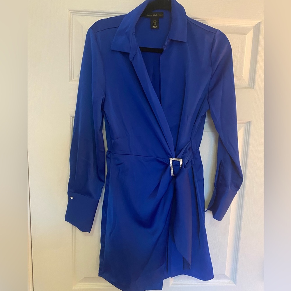 house of harlow | blue satin wrap dress